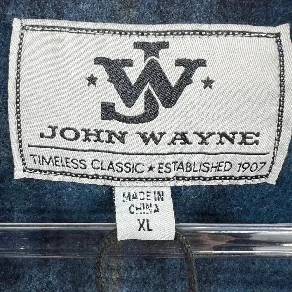 John Wayne XL M Wooly Fleece Pullover Henley Sweater Blue Plaid Snap Neck DUKE - Picture 7 of 13